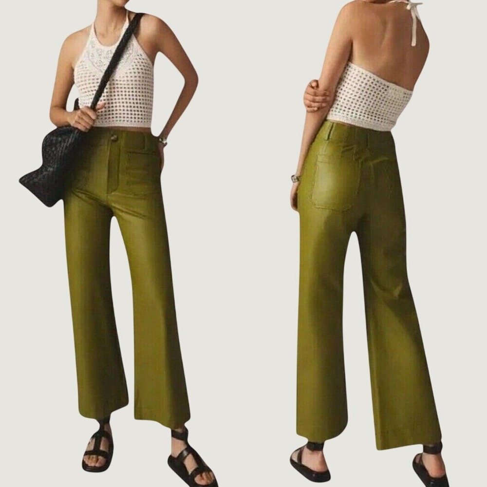 Maeve Anthropologie The Colette Faux Leather Pants Apple Green Wide Leg 28T